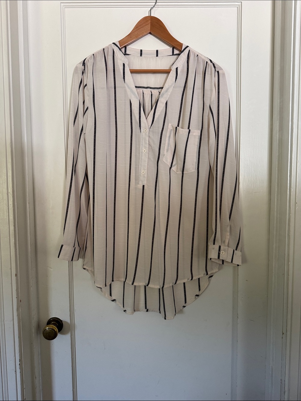 Striped V-Neck Long Sleeve Blouse - White with Black Stripes